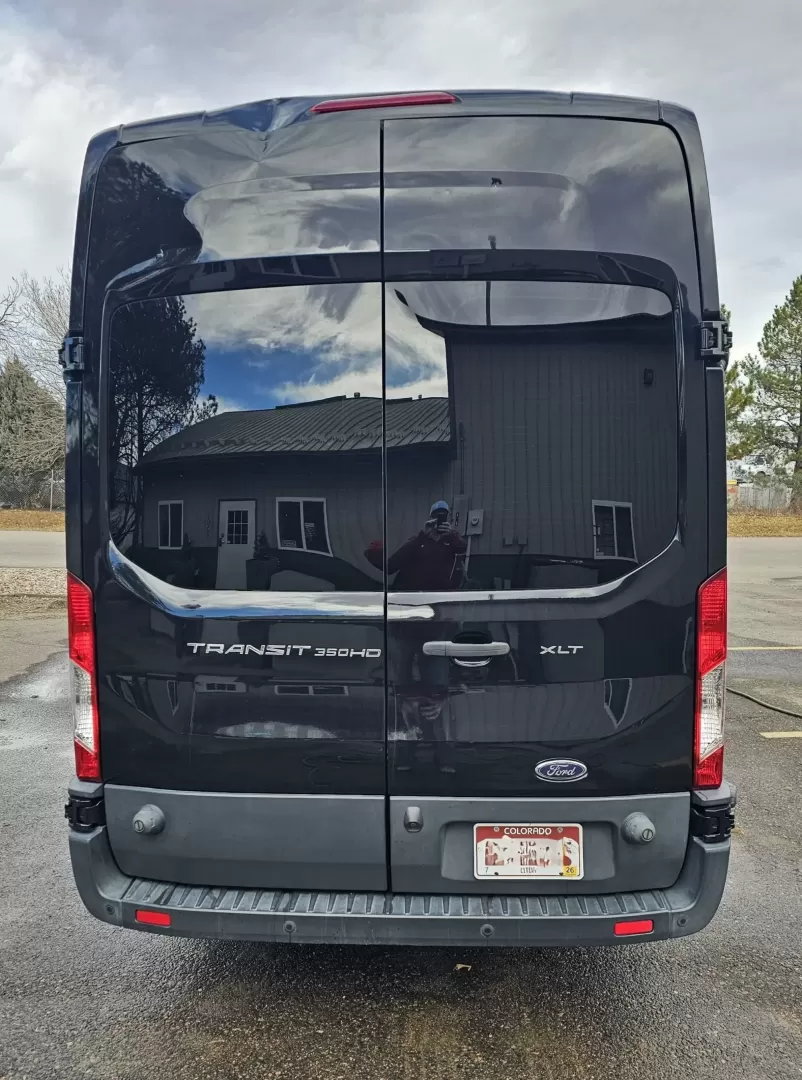 2017 Black /Black Ford Transit with an Gas engine, Auto transmission, 0.000000, 0.000000 - 2017 FORD TRANSIT 3.7L GAS ENGINE BUILT BY PINNICALE INTERIOR BLACK DIAMOND PATTERN LIMO BENCH SEATS 10 PASSENGERS PLUS DRIVER AND COPILOT - RACK LIMO BENCH SEATING POWER PARTITION TV'S FRONT AND REAR COVED RGB LIGHTING ON SIDE WALLS OVER HEAD DOME LIGHTS GRAY WOOD LOOK FLOORING MAYBACH CEILING LIGH - Photo#13