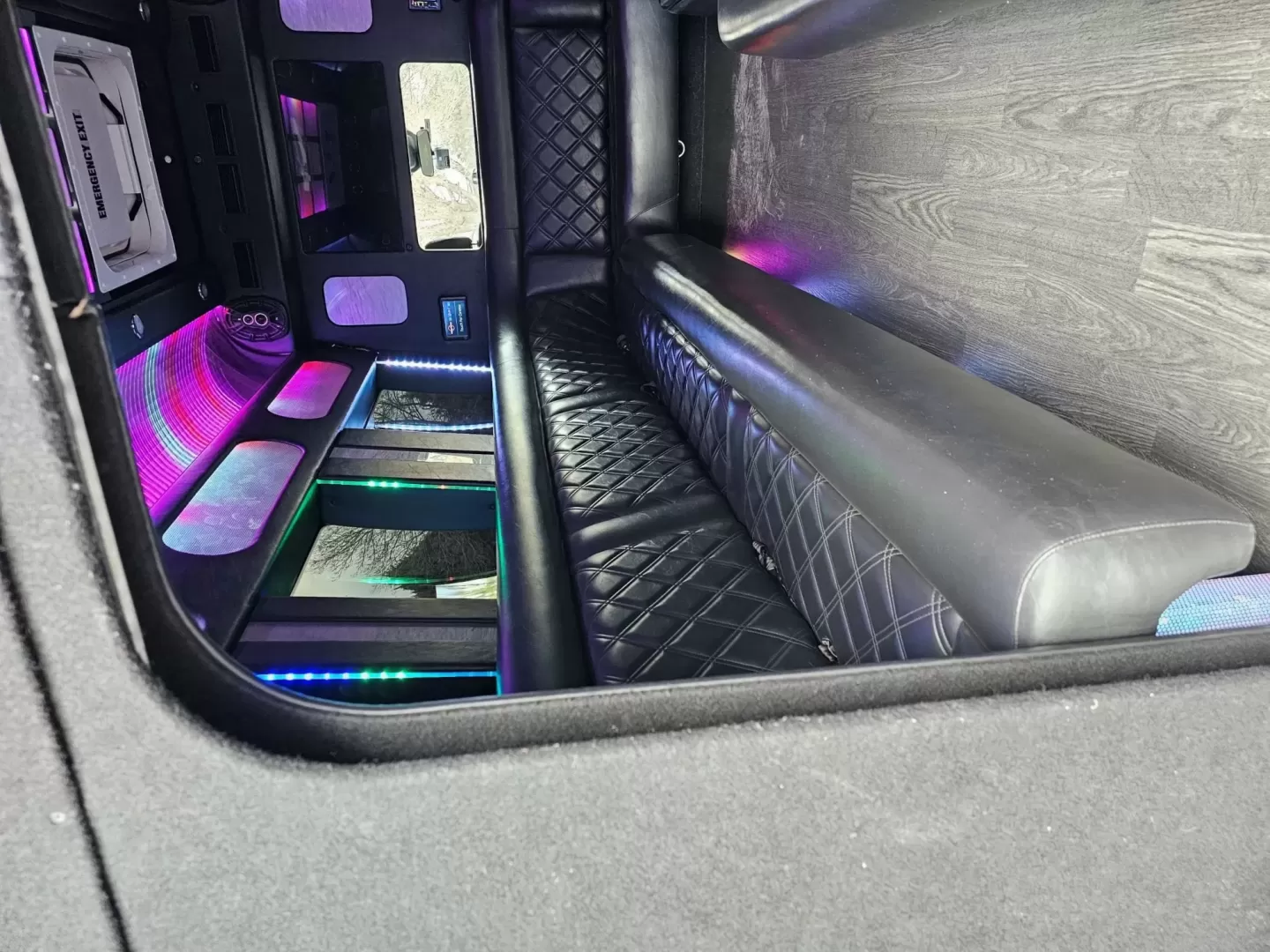 2017 Black /Black Ford Transit with an Gas engine, Auto transmission, 0.000000, 0.000000 - 2017 FORD TRANSIT 3.7L GAS ENGINE BUILT BY PINNICALE INTERIOR BLACK DIAMOND PATTERN LIMO BENCH SEATS 10 PASSENGERS PLUS DRIVER AND COPILOT - RACK LIMO BENCH SEATING POWER PARTITION TV'S FRONT AND REAR COVED RGB LIGHTING ON SIDE WALLS OVER HEAD DOME LIGHTS GRAY WOOD LOOK FLOORING MAYBACH CEILING LIGH - Photo#4