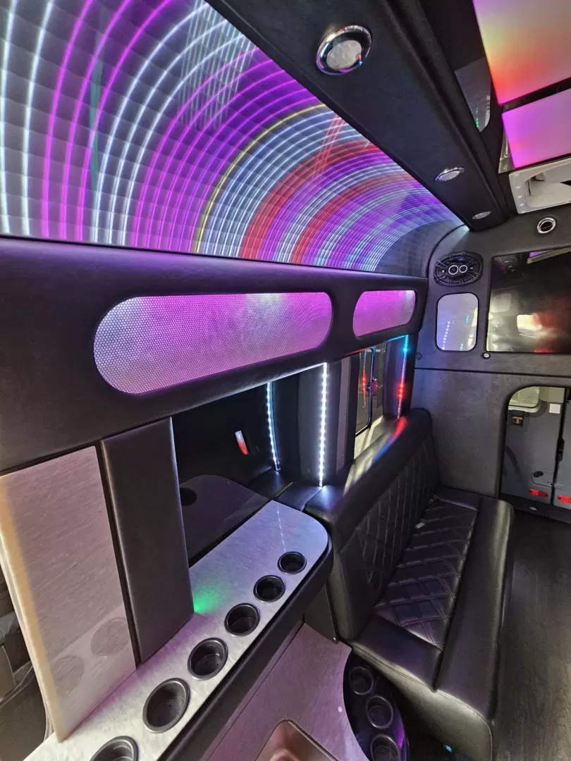 2017 Black /Black Ford Transit with an Gas engine, Auto transmission, 0.000000, 0.000000 - 2017 FORD TRANSIT 3.7L GAS ENGINE BUILT BY PINNICALE INTERIOR BLACK DIAMOND PATTERN LIMO BENCH SEATS 10 PASSENGERS PLUS DRIVER AND COPILOT - RACK LIMO BENCH SEATING POWER PARTITION TV'S FRONT AND REAR COVED RGB LIGHTING ON SIDE WALLS OVER HEAD DOME LIGHTS GRAY WOOD LOOK FLOORING MAYBACH CEILING LIGH - Photo#15