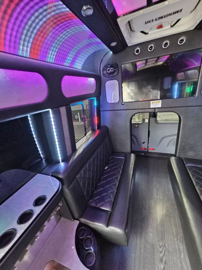 2017 Black /Black Ford Transit with an Gas engine, Auto transmission, 0.000000, 0.000000 - 2017 FORD TRANSIT 3.7L GAS ENGINE BUILT BY PINNICALE INTERIOR BLACK DIAMOND PATTERN LIMO BENCH SEATS 10 PASSENGERS PLUS DRIVER AND COPILOT - RACK LIMO BENCH SEATING POWER PARTITION TV'S FRONT AND REAR COVED RGB LIGHTING ON SIDE WALLS OVER HEAD DOME LIGHTS GRAY WOOD LOOK FLOORING MAYBACH CEILING LIGH - Photo#14