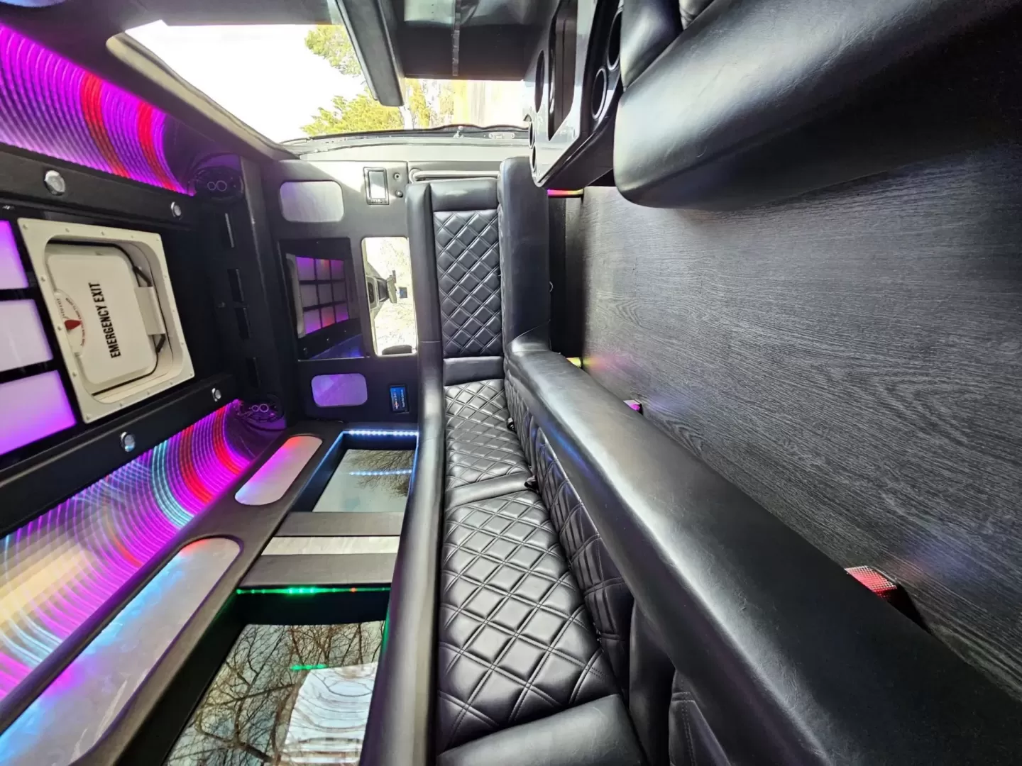 2017 Black /Black Ford Transit with an Gas engine, Auto transmission, 0.000000, 0.000000 - 2017 FORD TRANSIT 3.7L GAS ENGINE BUILT BY PINNICALE INTERIOR BLACK DIAMOND PATTERN LIMO BENCH SEATS 10 PASSENGERS PLUS DRIVER AND COPILOT - RACK LIMO BENCH SEATING POWER PARTITION TV'S FRONT AND REAR COVED RGB LIGHTING ON SIDE WALLS OVER HEAD DOME LIGHTS GRAY WOOD LOOK FLOORING MAYBACH CEILING LIGH - Photo#8