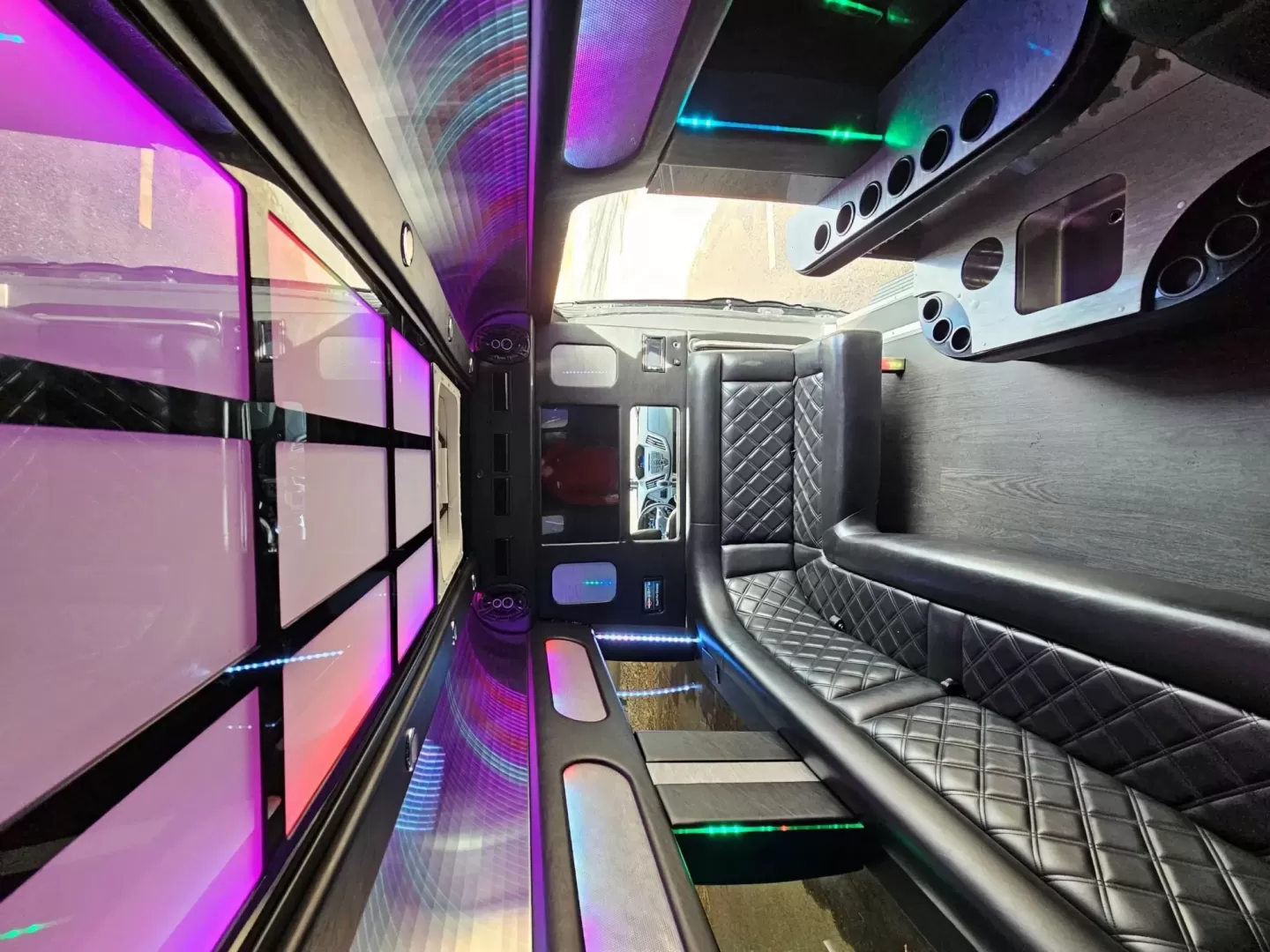 2017 Black /Black Ford Transit with an Gas engine, Auto transmission, 0.000000, 0.000000 - 2017 FORD TRANSIT 3.7L GAS ENGINE BUILT BY PINNICALE INTERIOR BLACK DIAMOND PATTERN LIMO BENCH SEATS 10 PASSENGERS PLUS DRIVER AND COPILOT - RACK LIMO BENCH SEATING POWER PARTITION TV'S FRONT AND REAR COVED RGB LIGHTING ON SIDE WALLS OVER HEAD DOME LIGHTS GRAY WOOD LOOK FLOORING MAYBACH CEILING LIGH - Photo#11