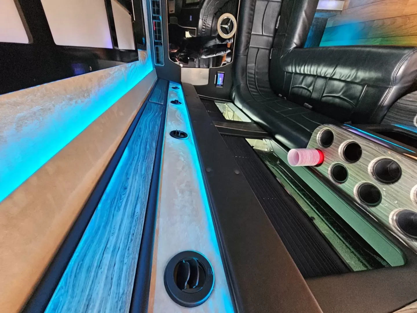 2016 Black /Black Mercedes-Benz Sprinter 3500 with an Diesel engine, Auto transmission, located at 1725 US-68 N, Bellefontaine, OH, 43311, (937) 592-5466, 40.387783, -83.752388 - 2016 MERCEDES BENZ 3500 SPRINTER BUILT BY BATTISTI DIESEL BLACK / BLACK 14 REAR PASSENGER PLUS DRIVER LIMO BENCH J SEATING MAYBACH CEILING WITH WHITE LIGHTING DUCTED AC CEILING DUCTED HEAT FLOOR WOOD LOOK FLOORING TV'S FRONT AND REAR WITH BLACK PLEXI COVERS FOR PROTECTION FRONT BAR WITH SELF DRAININ - Photo#9