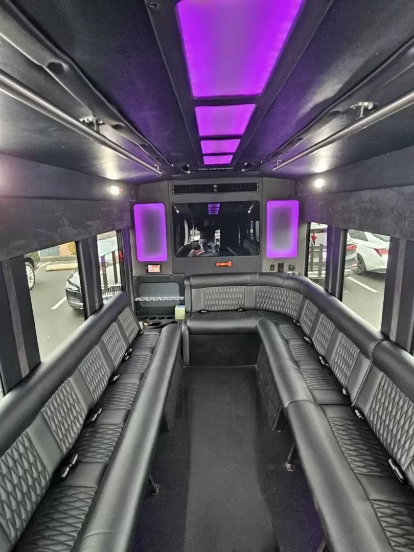 2020 Black /Black Ford Transit with an Gas engine, Auto transmission, 0.000000, 0.000000 - 2020 FORD TRANSIT STARCRAFT BUS W/ BATTISTI CUSTOMS LIMO INTERIOR 3.5L (6) CYLINDER - GAS ENGINE RWD BY-FOLD ENTRY DOOR INTERIOR BLACK DIAMOND PATTERN LIMO BENCH SEATS W/ LAP BELTS FOR 14 PASSENGERS - PLUS DRIVER TV' REAR RGB LIGHTING ON REAR WALL AND CEILING INSERT OVERHEAD DOME LIGHTS OVERHEAD GRA - Photo#9