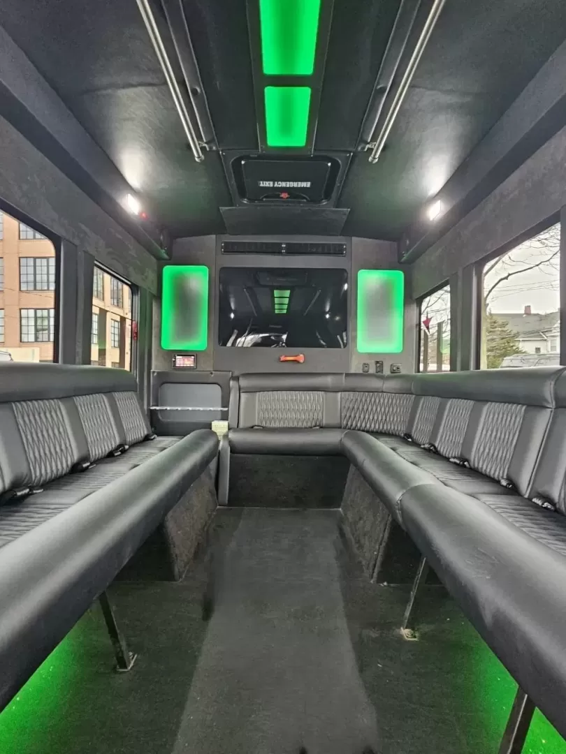 2020 Black /Black Ford Transit with an Gas engine, Auto transmission, 0.000000, 0.000000 - 2020 FORD TRANSIT STARCRAFT BUS W/ BATTISTI CUSTOMS LIMO INTERIOR 3.5L (6) CYLINDER - GAS ENGINE RWD BY-FOLD ENTRY DOOR INTERIOR BLACK DIAMOND PATTERN LIMO BENCH SEATS W/ LAP BELTS FOR 14 PASSENGERS - PLUS DRIVER TV' REAR RGB LIGHTING ON REAR WALL AND CEILING INSERT OVERHEAD DOME LIGHTS OVERHEAD GRA - Photo#10