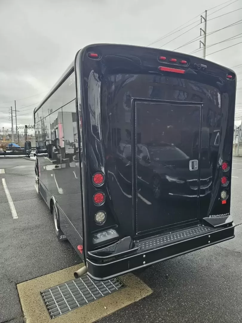 2020 Black /Black Ford Transit with an Gas engine, Auto transmission, 0.000000, 0.000000 - 2020 FORD TRANSIT STARCRAFT BUS W/ BATTISTI CUSTOMS LIMO INTERIOR 3.5L (6) CYLINDER - GAS ENGINE RWD BY-FOLD ENTRY DOOR INTERIOR BLACK DIAMOND PATTERN LIMO BENCH SEATS W/ LAP BELTS FOR 14 PASSENGERS - PLUS DRIVER TV' REAR RGB LIGHTING ON REAR WALL AND CEILING INSERT OVERHEAD DOME LIGHTS OVERHEAD GRA - Photo#6