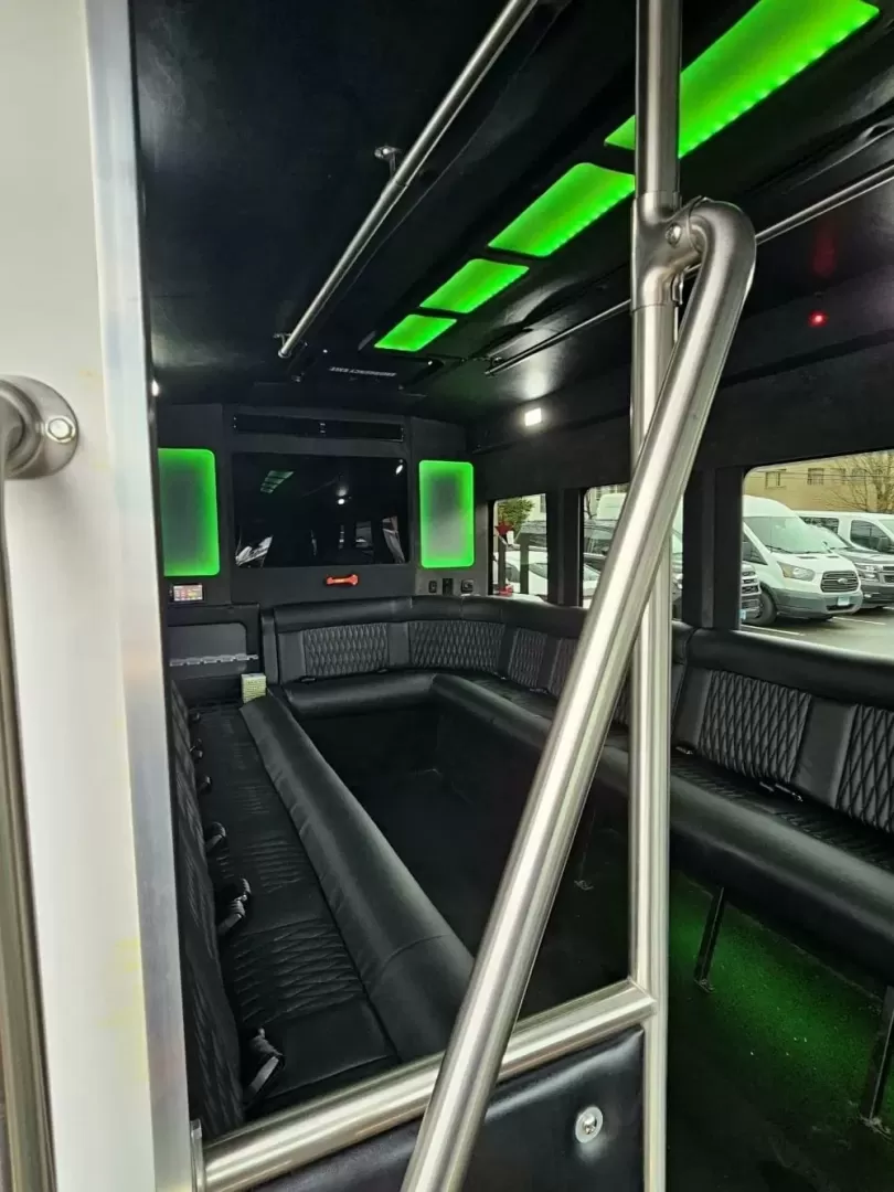2020 Black /Black Ford Transit with an Gas engine, Auto transmission, 0.000000, 0.000000 - 2020 FORD TRANSIT STARCRAFT BUS W/ BATTISTI CUSTOMS LIMO INTERIOR 3.5L (6) CYLINDER - GAS ENGINE RWD BY-FOLD ENTRY DOOR INTERIOR BLACK DIAMOND PATTERN LIMO BENCH SEATS W/ LAP BELTS FOR 14 PASSENGERS - PLUS DRIVER TV' REAR RGB LIGHTING ON REAR WALL AND CEILING INSERT OVERHEAD DOME LIGHTS OVERHEAD GRA - Photo#14