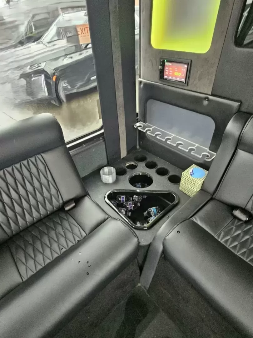 2020 Black /Black Ford Transit with an Gas engine, Auto transmission, 0.000000, 0.000000 - 2020 FORD TRANSIT STARCRAFT BUS W/ BATTISTI CUSTOMS LIMO INTERIOR 3.5L (6) CYLINDER - GAS ENGINE RWD BY-FOLD ENTRY DOOR INTERIOR BLACK DIAMOND PATTERN LIMO BENCH SEATS W/ LAP BELTS FOR 14 PASSENGERS - PLUS DRIVER TV' REAR RGB LIGHTING ON REAR WALL AND CEILING INSERT OVERHEAD DOME LIGHTS OVERHEAD GRA - Photo#13