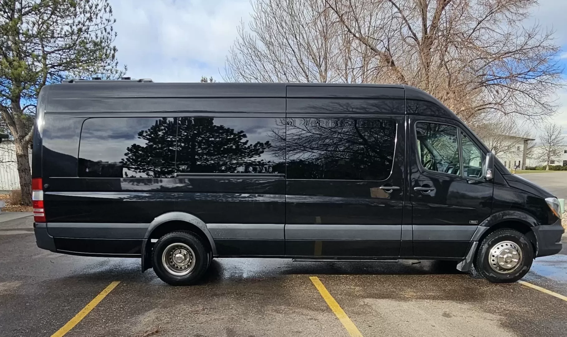 2018 Black /Black Mercedes-Benz Sprinter 3500 with an Gas engine, Auto transmission, 0.000000, 0.000000 - 2018 Mercedes Benz Sprinter Grech Executive Shuttle 3500 Ext -Black / Black 13 Rear passengers Plus Driver and Co-Pilot Front TV Pro Air - Heat and A/C System Grech Sound System and Controls Grey Wood Look Flooring Rear Row Stadium Seating Rear Luggage with Under Seat Storage Window Shades USB Power - Photo#1