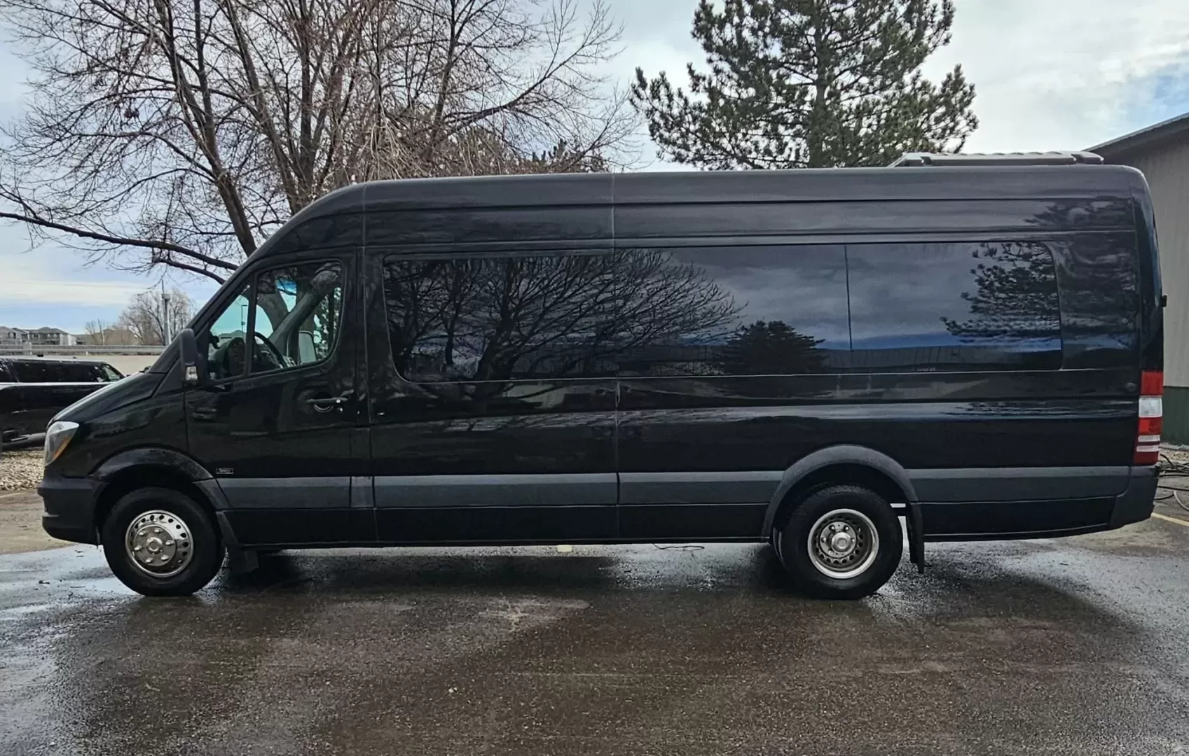 2018 Black /Black Mercedes-Benz Sprinter 3500 with an Gas engine, Auto transmission, 0.000000, 0.000000 - 2018 Mercedes Benz Sprinter Grech Executive Shuttle 3500 Ext -Black / Black 13 Rear passengers Plus Driver and Co-Pilot Front TV Pro Air - Heat and A/C System Grech Sound System and Controls Grey Wood Look Flooring Rear Row Stadium Seating Rear Luggage with Under Seat Storage Window Shades USB Power - Photo#2