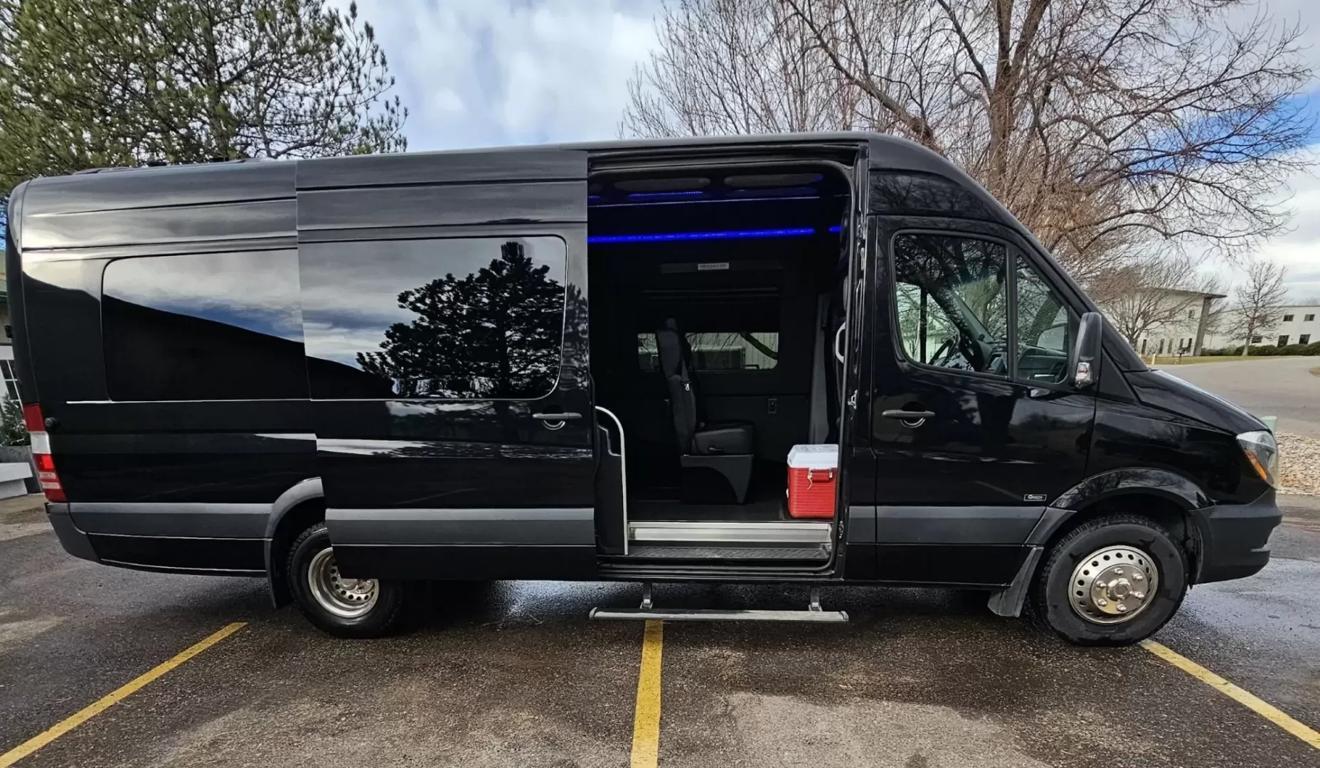 2018 Black /Black Mercedes-Benz Sprinter 3500 with an Gas engine, Auto transmission, 0.000000, 0.000000 - 2018 Mercedes Benz Sprinter Grech Executive Shuttle 3500 Ext -Black / Black 13 Rear passengers Plus Driver and Co-Pilot Front TV Pro Air - Heat and A/C System Grech Sound System and Controls Grey Wood Look Flooring Rear Row Stadium Seating Rear Luggage with Under Seat Storage Window Shades USB Power - Photo#4