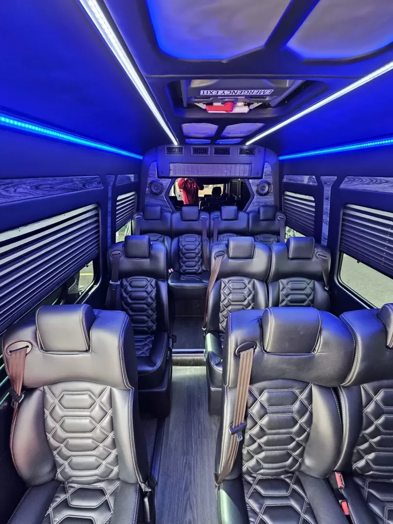 2018 Black /Black Mercedes-Benz Sprinter 3500 with an Gas engine, Auto transmission, 0.000000, 0.000000 - 2018 Mercedes Benz Sprinter Grech Executive Shuttle 3500 Ext -Black / Black 13 Rear passengers Plus Driver and Co-Pilot Front TV Pro Air - Heat and A/C System Grech Sound System and Controls Grey Wood Look Flooring Rear Row Stadium Seating Rear Luggage with Under Seat Storage Window Shades USB Power - Photo#18