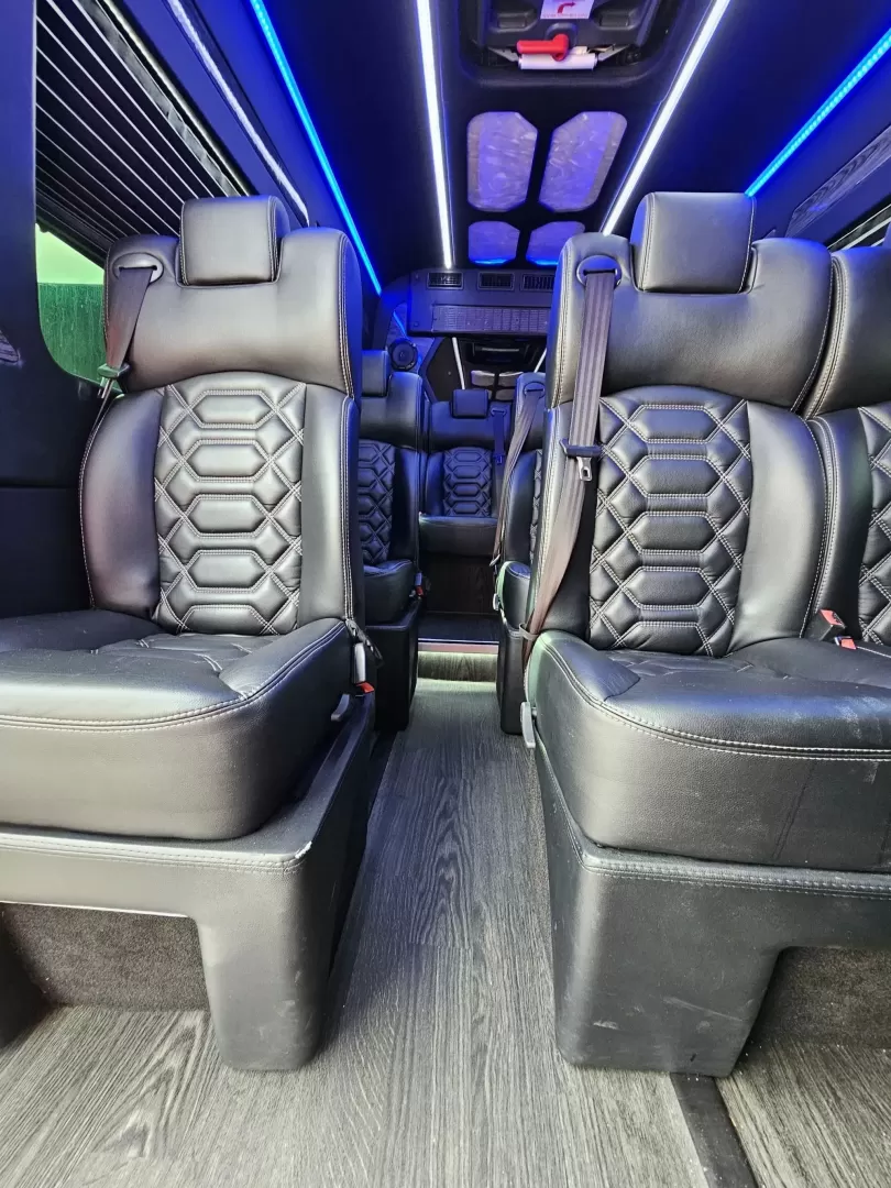 2018 Black /Black Mercedes-Benz Sprinter 3500 with an Gas engine, Auto transmission, 0.000000, 0.000000 - 2018 Mercedes Benz Sprinter Grech Executive Shuttle 3500 Ext -Black / Black 13 Rear passengers Plus Driver and Co-Pilot Front TV Pro Air - Heat and A/C System Grech Sound System and Controls Grey Wood Look Flooring Rear Row Stadium Seating Rear Luggage with Under Seat Storage Window Shades USB Power - Photo#20