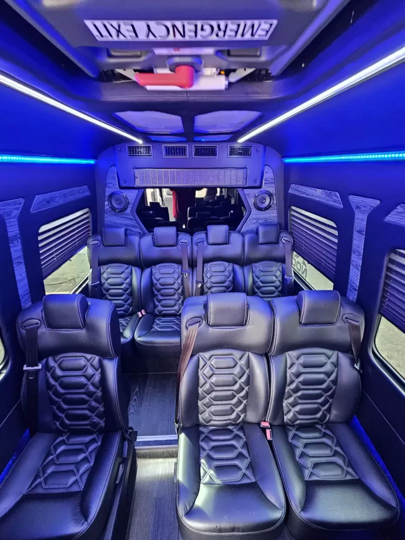 2018 Black /Black Mercedes-Benz Sprinter 3500 with an Gas engine, Auto transmission, 0.000000, 0.000000 - 2018 Mercedes Benz Sprinter Grech Executive Shuttle 3500 Ext -Black / Black 13 Rear passengers Plus Driver and Co-Pilot Front TV Pro Air - Heat and A/C System Grech Sound System and Controls Grey Wood Look Flooring Rear Row Stadium Seating Rear Luggage with Under Seat Storage Window Shades USB Power - Photo#21
