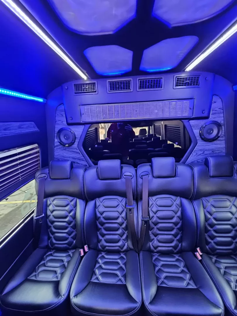 2018 Black /Black Mercedes-Benz Sprinter 3500 with an Gas engine, Auto transmission, 0.000000, 0.000000 - 2018 Mercedes Benz Sprinter Grech Executive Shuttle 3500 Ext -Black / Black 13 Rear passengers Plus Driver and Co-Pilot Front TV Pro Air - Heat and A/C System Grech Sound System and Controls Grey Wood Look Flooring Rear Row Stadium Seating Rear Luggage with Under Seat Storage Window Shades USB Power - Photo#22