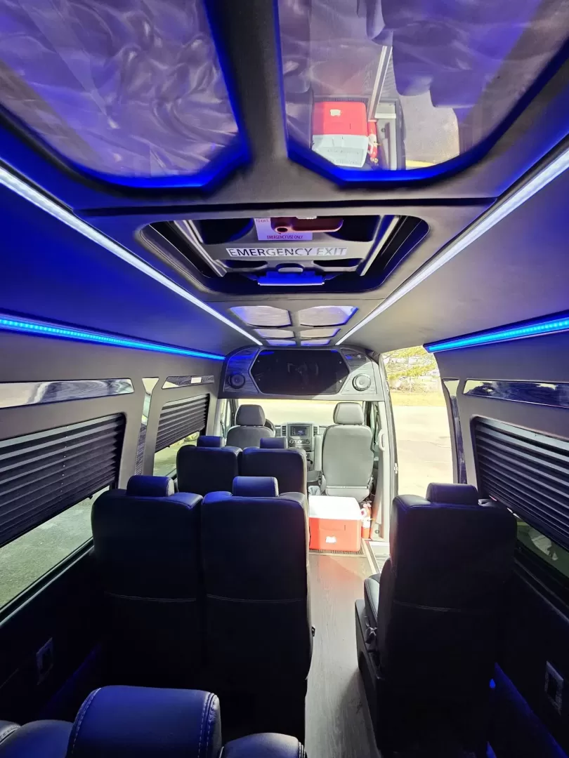 2018 Black /Black Mercedes-Benz Sprinter 3500 with an Gas engine, Auto transmission, 0.000000, 0.000000 - 2018 Mercedes Benz Sprinter Grech Executive Shuttle 3500 Ext -Black / Black 13 Rear passengers Plus Driver and Co-Pilot Front TV Pro Air - Heat and A/C System Grech Sound System and Controls Grey Wood Look Flooring Rear Row Stadium Seating Rear Luggage with Under Seat Storage Window Shades USB Power - Photo#23