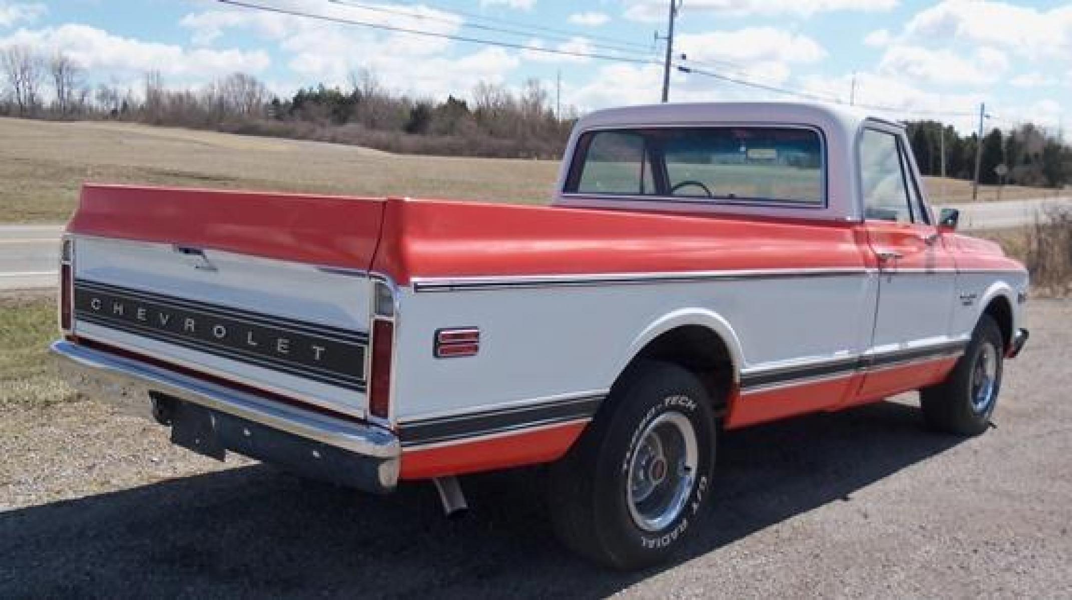 1970 Orange/White Chevrolet C10 with an 328 V8 engine, located at 1725 US-68 N, Bellefontaine, OH, 43311, (937) 592-5466, 40.387783, -83.752388 - 1970 CHEVROLET C10 CUSTOM ½ T Pick-up, High-performance “383 Stroker” V-8 w-headers Auto, Orange w-white Inserts, Black Lth Interior, custom wood steering wheel, PS, PB, Retro AM-FM-CD, gauges, dual exhaust, rally rims w-white letter tires, chrome bumpers & grille, Bed mat.	. Professionally wet - Photo #2