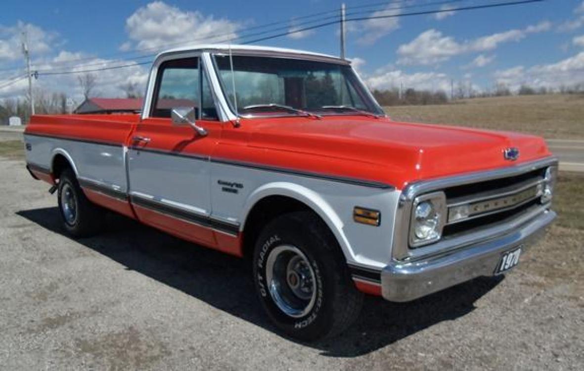1970 Orange/White Chevrolet C10 with an 328 V8 engine, located at 1725 US-68 N, Bellefontaine, OH, 43311, (937) 592-5466, 40.387783, -83.752388 - 1970 CHEVROLET C10 CUSTOM ½ T Pick-up, High-performance “383 Stroker” V-8 w-headers Auto, Orange w-white Inserts, Black Lth Interior, custom wood steering wheel, PS, PB, Retro AM-FM-CD, gauges, dual exhaust, rally rims w-white letter tires, chrome bumpers & grille, Bed mat.	. Professionally wet - Photo #3