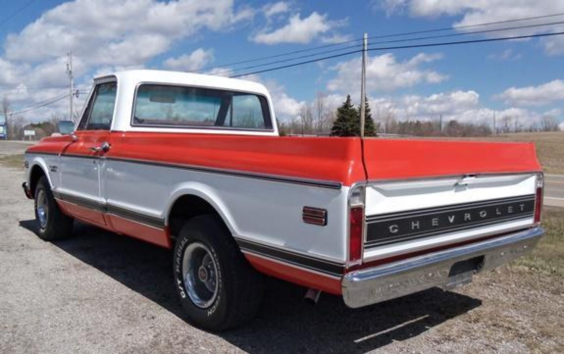 1970 Orange/White Chevrolet C10 with an 328 V8 engine, located at 1725 US-68 N, Bellefontaine, OH, 43311, (937) 592-5466, 40.387783, -83.752388 - 1970 CHEVROLET C10 CUSTOM ½ T Pick-up, High-performance “383 Stroker” V-8 w-headers Auto, Orange w-white Inserts, Black Lth Interior, custom wood steering wheel, PS, PB, Retro AM-FM-CD, gauges, dual exhaust, rally rims w-white letter tires, chrome bumpers & grille, Bed mat.	. Professionally wet - Photo #4