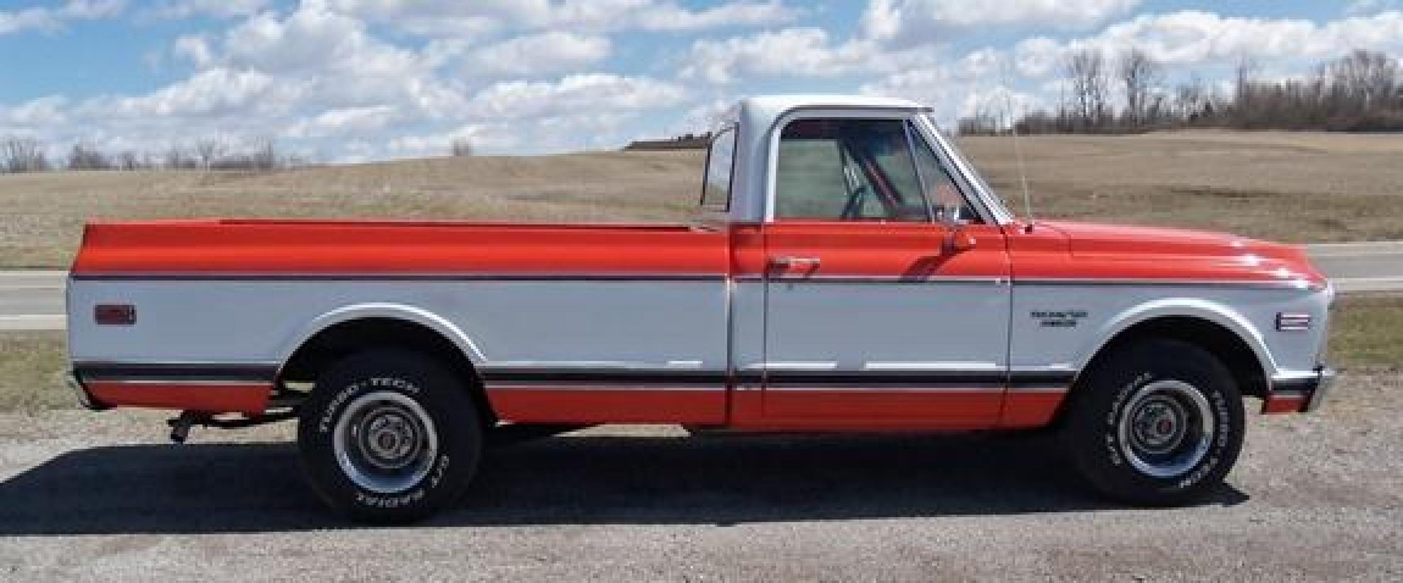 1970 Orange/White Chevrolet C10 with an 328 V8 engine, located at 1725 US-68 N, Bellefontaine, OH, 43311, (937) 592-5466, 40.387783, -83.752388 - 1970 CHEVROLET C10 CUSTOM ½ T Pick-up, High-performance “383 Stroker” V-8 w-headers Auto, Orange w-white Inserts, Black Lth Interior, custom wood steering wheel, PS, PB, Retro AM-FM-CD, gauges, dual exhaust, rally rims w-white letter tires, chrome bumpers & grille, Bed mat.	. Professionally wet - Photo #6